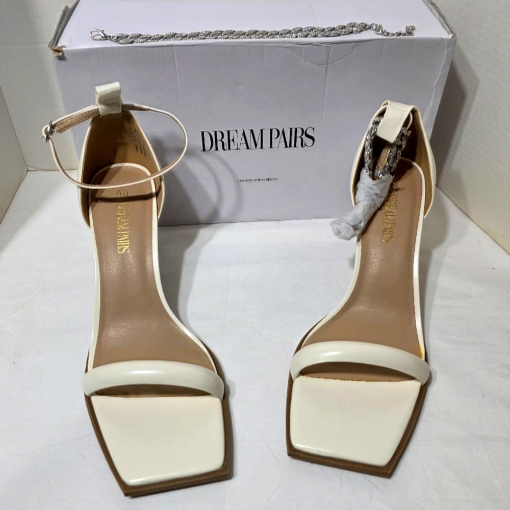 Dream Pairs Cream Heels with Square Toe  & Ankle Strap